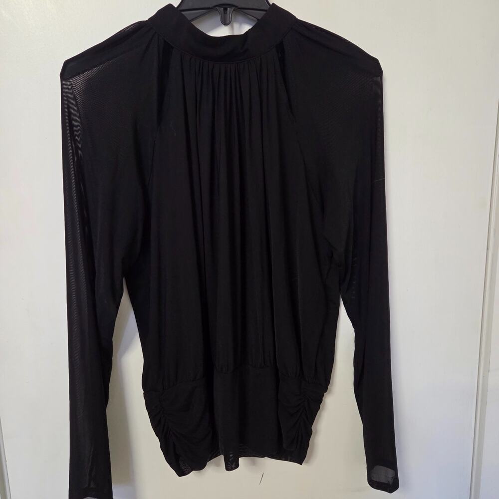 INC Womens NWT Blouse M Deep Black Sheer Mesh Mock Neck Ruched Waist Cutout Top